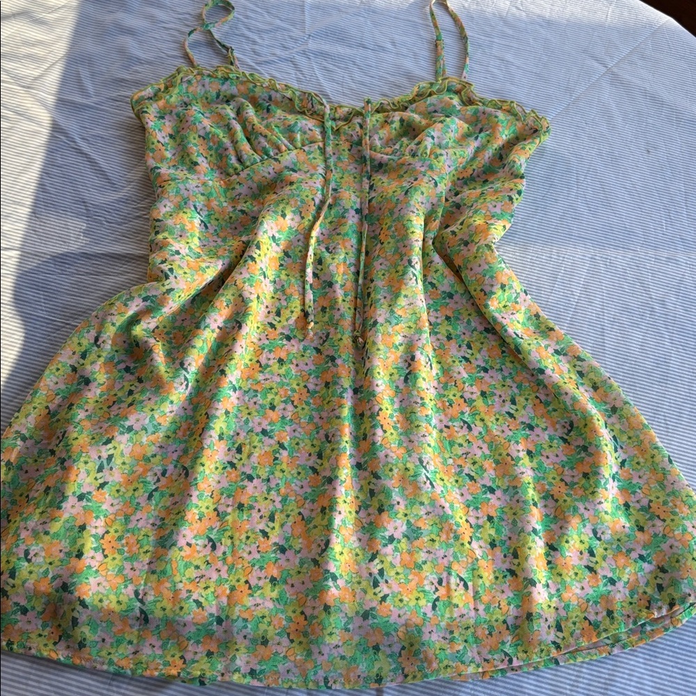 Wild Fable Bright Green Floral Ruffle Babydoll Mini Dress Women’s Size Large